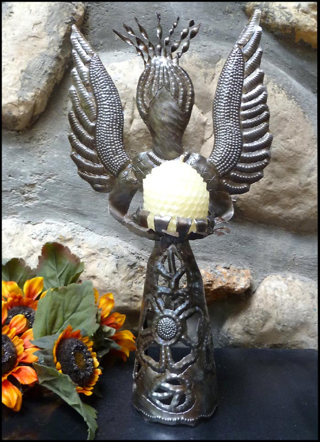 Handcrafted Metal Candle Holder - Haitian Steel Drum Angel Design - 13" High